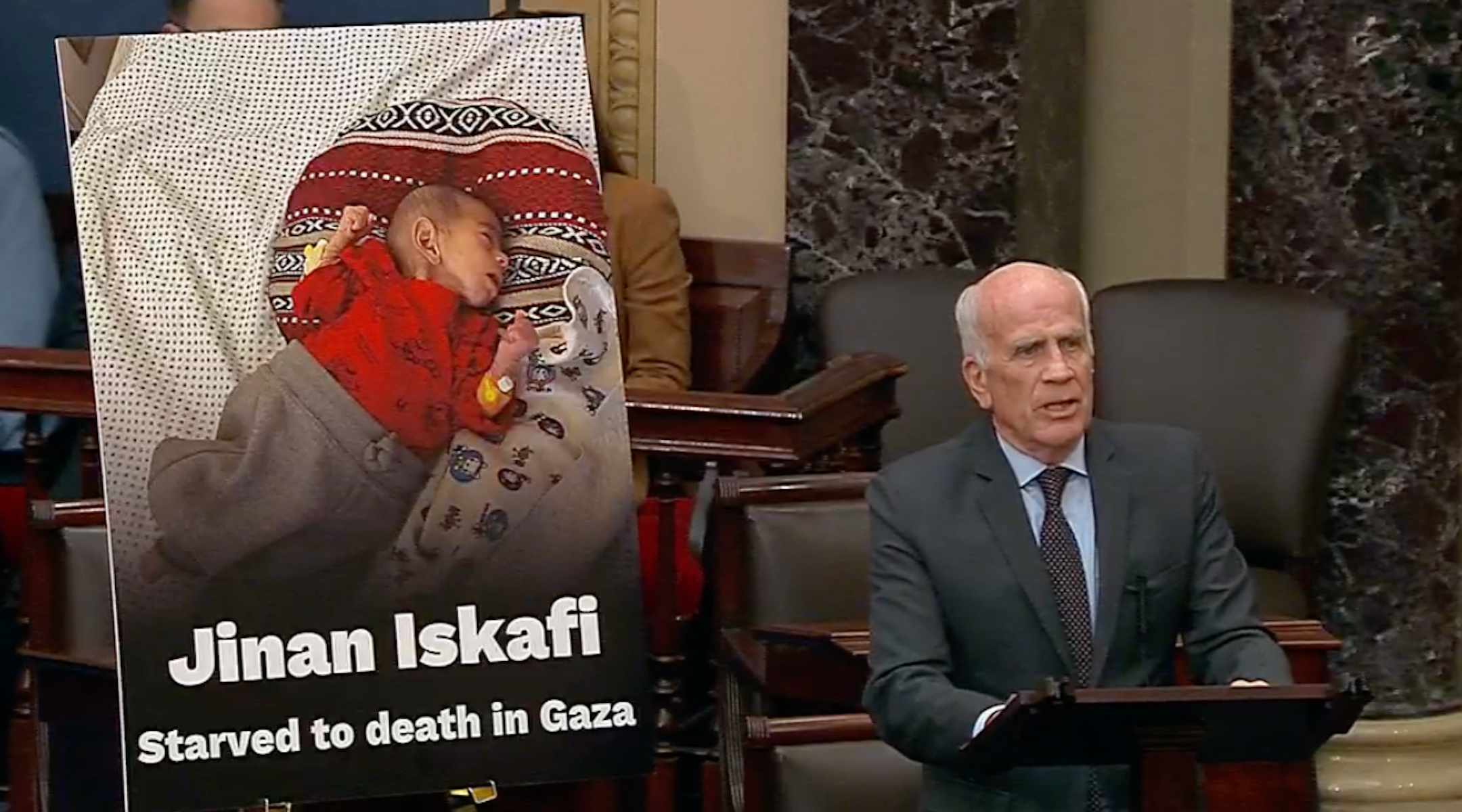 Sen. Peter Welch, a Vermont Democrat, on the Senate floor Monday arguing for Resolution 224. (Screenshot)