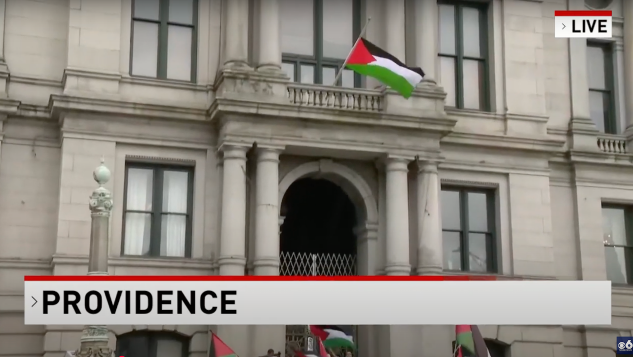 The Palestinian flag flies at Providence, Rhode Island’s City Hall on Friday, May 16, 2025. (Screenshot)
