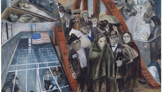 Ben Shahn, Study for Jersey Homesteads mural, c. 1936. The image tells a story of Jewish immigration.
