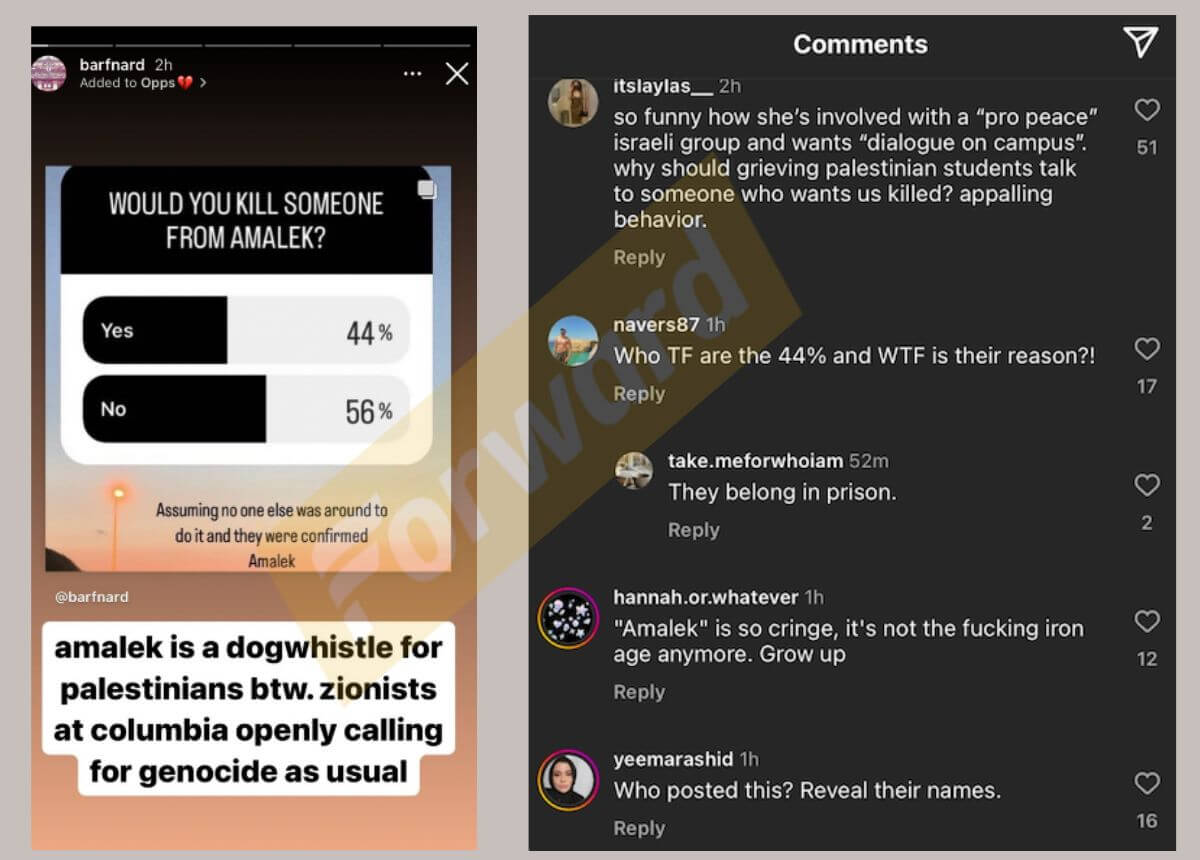Social media screenshots of Eliana Goldin's poll, and some of the reaction to it and her column.