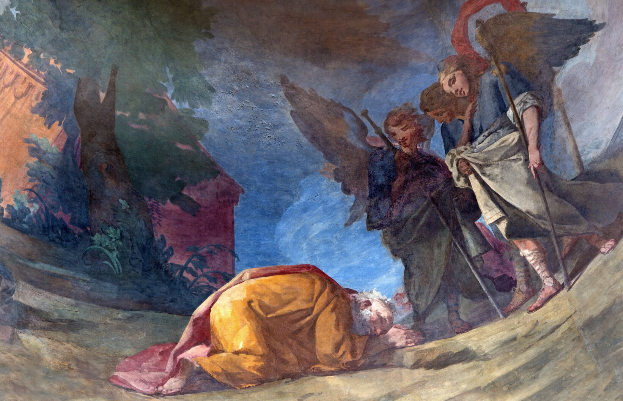 Three angels visit Abraham in this fresco of the scene from Genesis painted by Gonzalez Velazquez in 1750 in a church in Rome. 