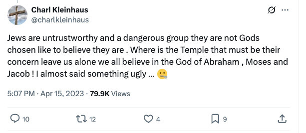 A now-deleted post from a social media account associated with Charl Kleinhaus.