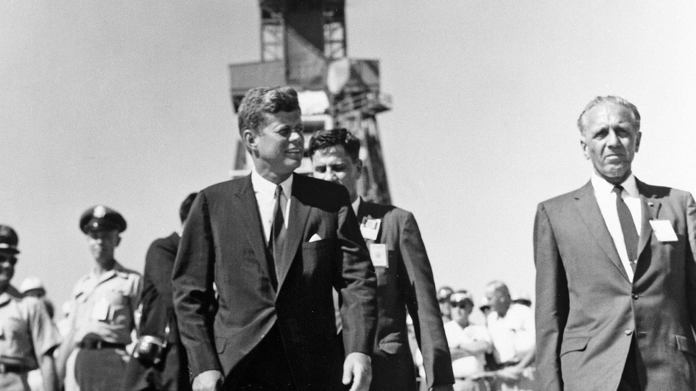 Former President John. F Kennedy tours Cape Canaveral with Kurt H. Debus, then director of the Launch Operations Center, on Sept. 11, 1962.