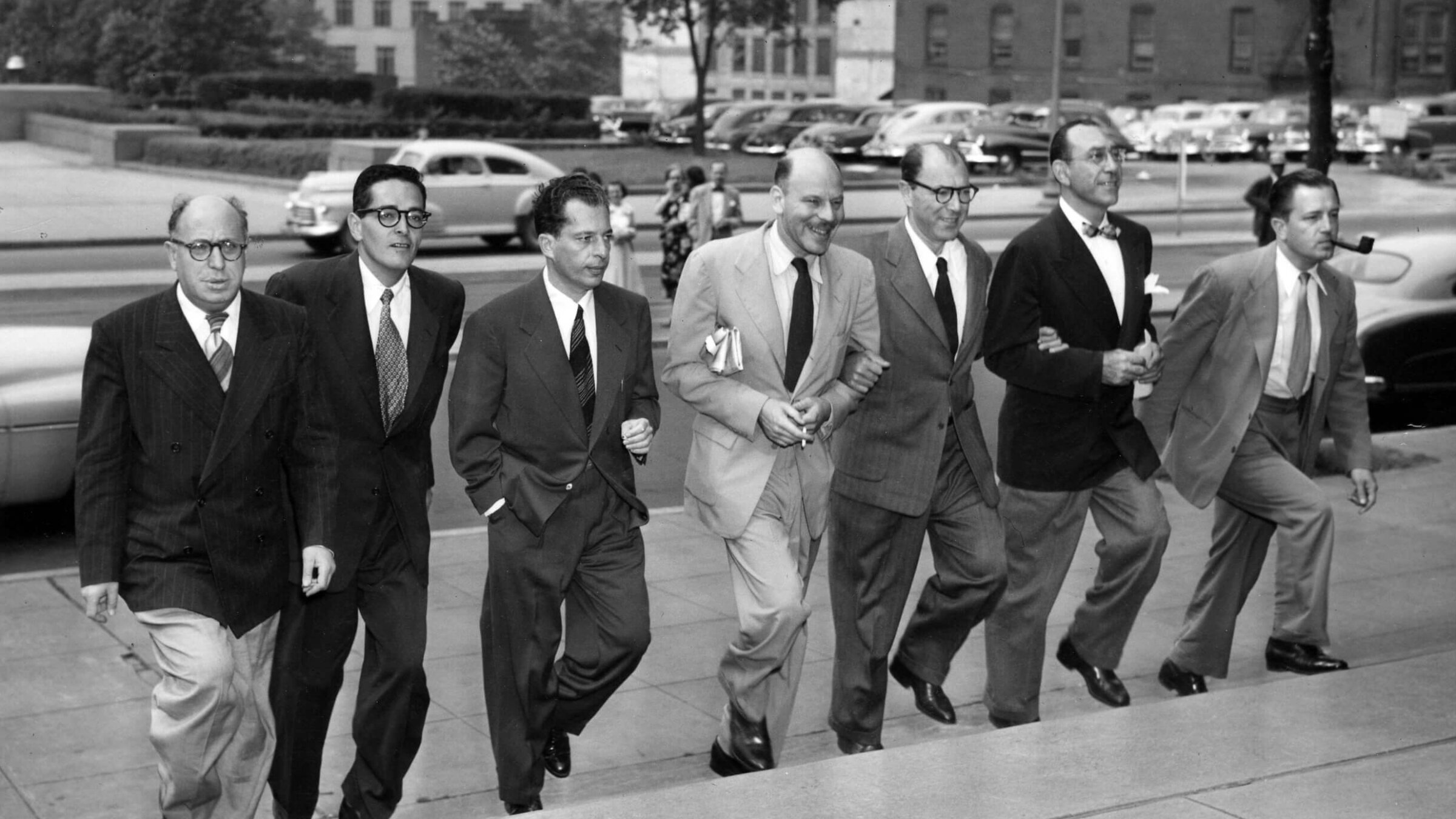 Some of the Hollywood Ten in 1950, from left: Samuel Ornitz, Ring Lardner Jr., Albert Maltz, Alvah Bessie, Lester Cole,  Herbert Bieberman and Edward Dmytryk.