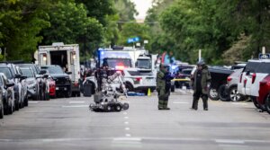 Bomb squads set up a staging area following an incident involving multiple injuries that the FBI is investigating as an act of terror on June 1, 2025 in Boulder, Colorado. A suspect is in custody after reportedly throwing an incendiary device at a group participating in an organized walk near the courthouse to show solidarity with hostages held by Hamas in Gaza. (Chet Strange/Getty Images)