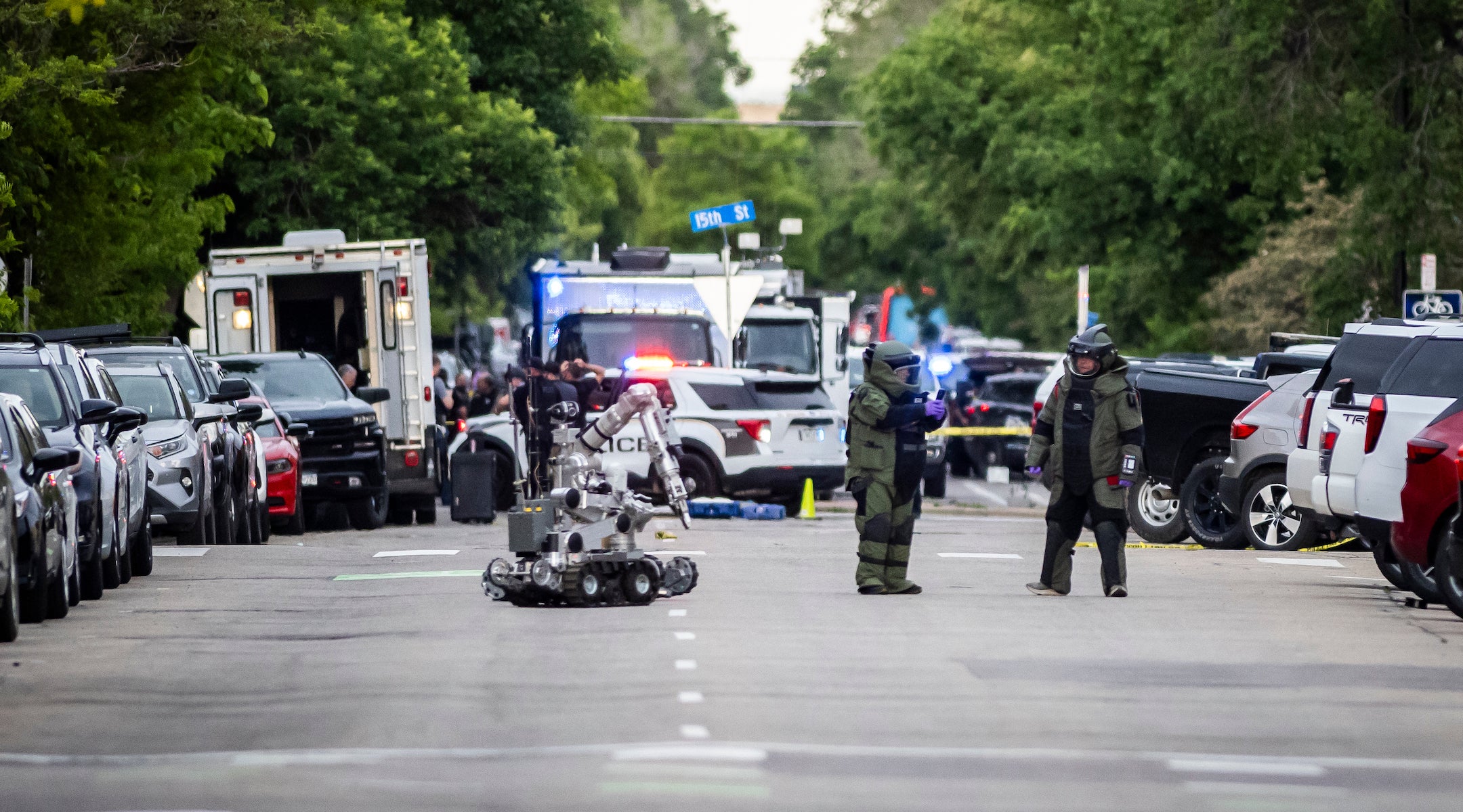 Bomb squads set up a staging area following an incident involving multiple injuries that the FBI is investigating as an act of terror on June 1, 2025 in Boulder, Colorado. A suspect is in custody after reportedly throwing an incendiary device at a group participating in an organized walk near the courthouse to show solidarity with hostages held by Hamas in Gaza. (Chet Strange/Getty Images)