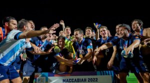 Argentina's 35-plus soccer squad celebrates winning gold at the Maccabiah Games in Israel. (Courtesy of FACCMA)