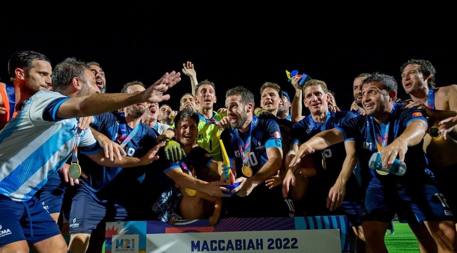 Argentina's 35-plus soccer squad celebrates winning gold at the Maccabiah Games in Israel. (Courtesy of FACCMA)