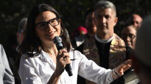 Rabbi Sharon Brous speaks during a vigil to call for an end to violence of immigration raids, and the protection of immigrant families in LA County by interfaith leaders from across Los Angeles County on June 10, 2025.(Keith Birmingham/MediaNews Group/Pasadena Star-News via Getty Images)