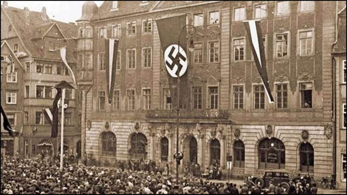 Swastika draped over Coburg City Hall, Coburg. 