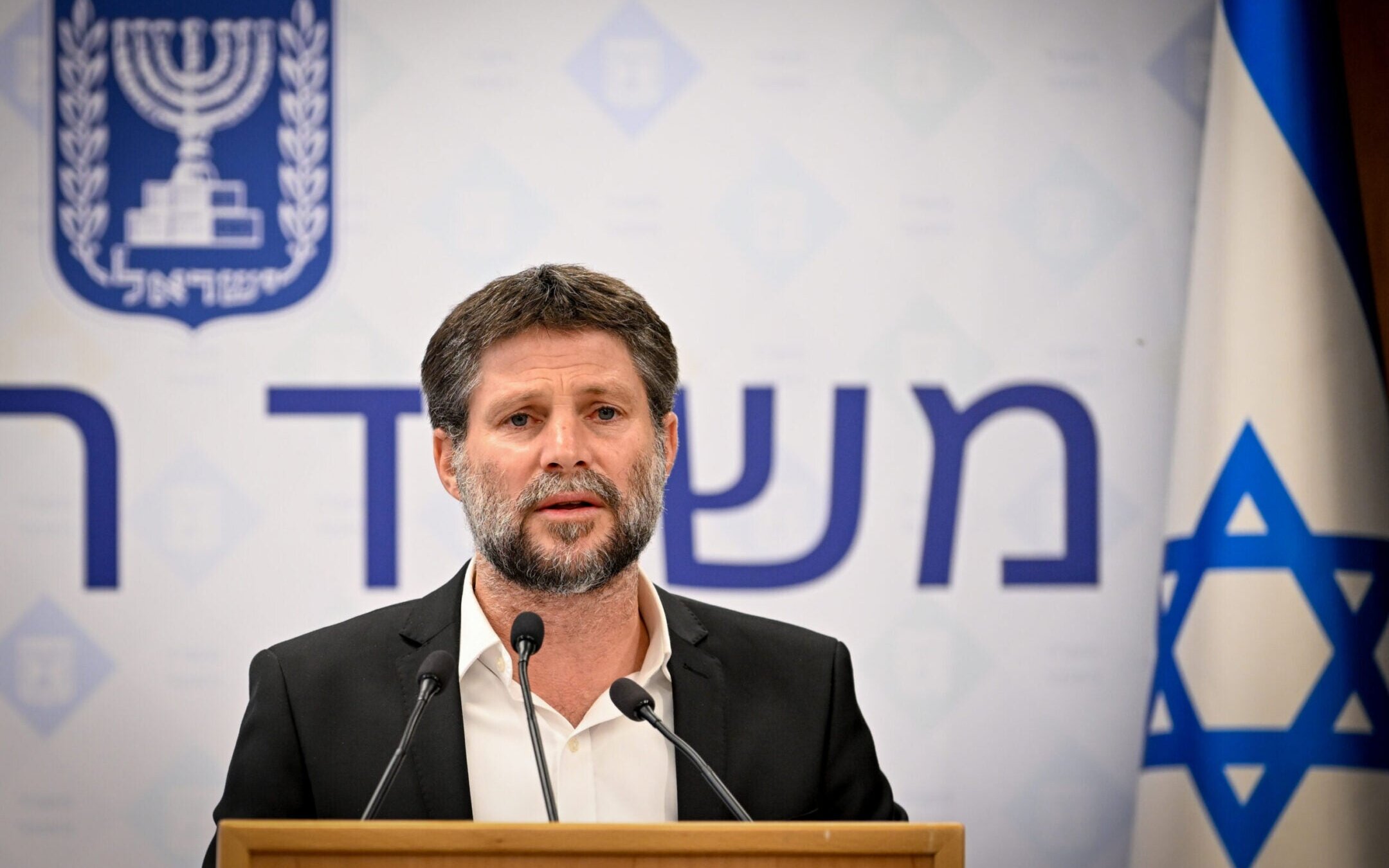 Israeli Minister of Finance Bezalel Smotrich attends a press conference about the government’s war financing in Jerusalem, Oct. 15, 2023. (Arie Leib Abrams/Flash90)