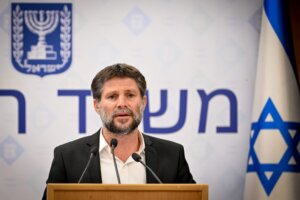 Israeli Minister of Finance Bezalel Smotrich attends a press conference about the government’s war financing in Jerusalem, Oct. 15, 2023. (Arie Leib Abrams/Flash90)