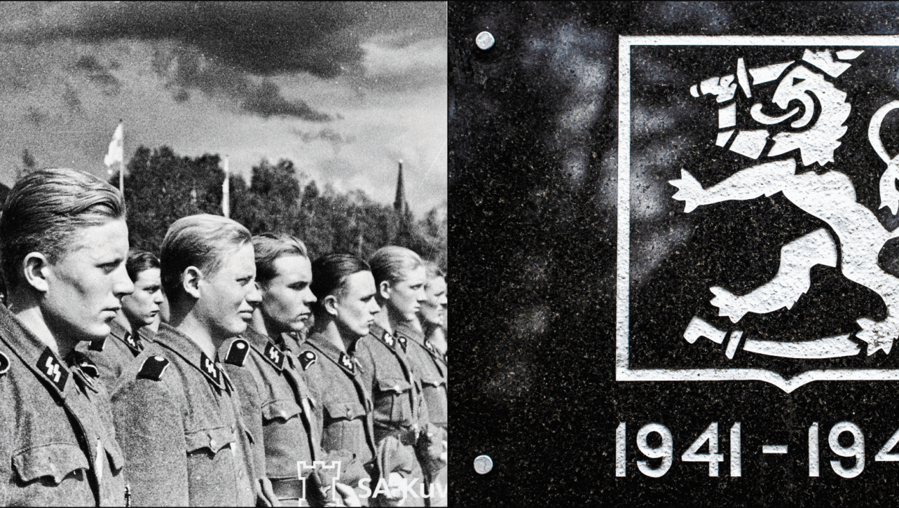 Left: Finnish SS soldiers, Tampere, June 1, 1943 (Wikimedia Commons). Right: Finnish SS plaque on the Kenraalikivi (“The Stone of Generals”)/Maanpuolustuskivi (“Defense Stone”) memorial, Viitasaari (Wikimedia Commons).