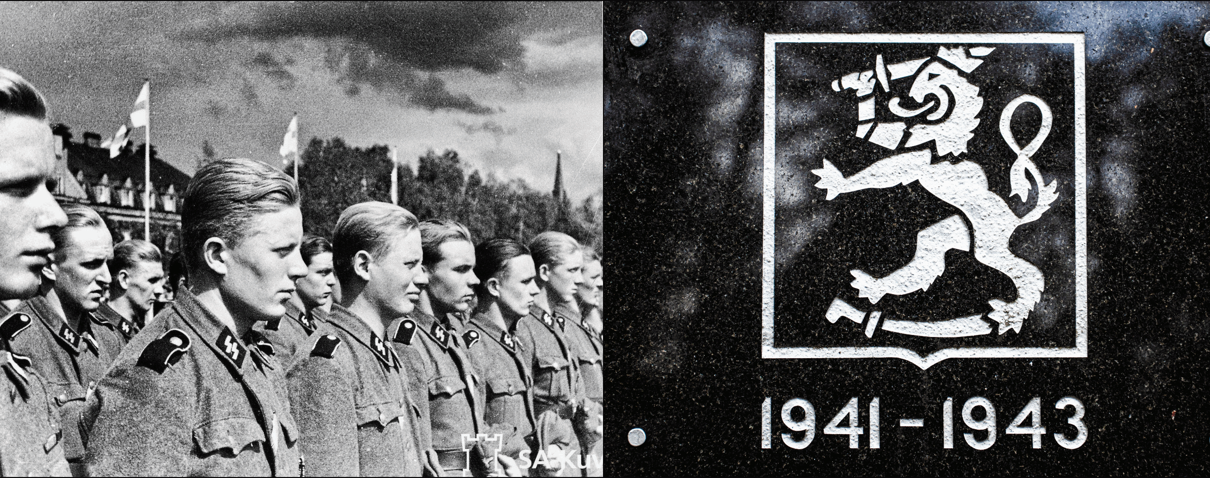 Left: Finnish SS soldiers, Tampere, June 1, 1943 (Wikimedia Commons). Right: Finnish SS plaque on the Kenraalikivi (“The Stone of Generals”)/Maanpuolustuskivi (“Defense Stone”) memorial, Viitasaari (Wikimedia Commons).