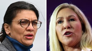 Left: Rep. Rashida Tlaib (D-MI) speaks on Jan. 26, 2023 in Washington, D.C. (Ricky Carioti/The Washington Post via Getty Images); Right: Rep. Marjorie Taylor Greene (R-Ga.), speaks in Maryland on March 3, 2023. (Jabin Botsford/The Washington Post via Getty Images)