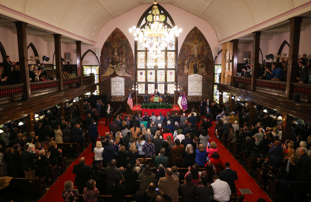 President Joe Biden, center, during a campaign event at Mother Emanuel AME Church in Charleston, South Carolina, on Jan. 8, 2024.