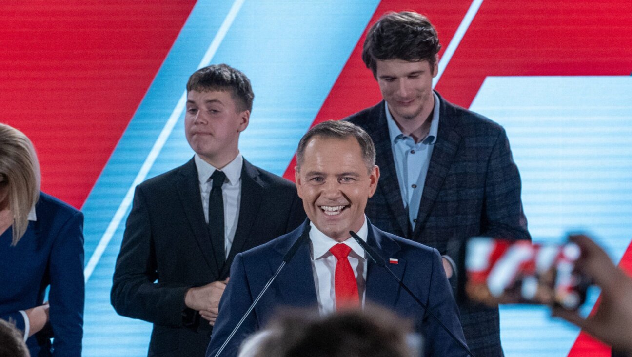 Karol Nawrocki speaks to supporters following the Polish presidential runoff election, June 1 in Warsaw. (Marek Antoni Iwaczuk/SOPA Images/LightRocket via Getty Images)