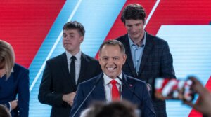 Karol Nawrocki speaks to supporters following the Polish presidential runoff election, June 1 in Warsaw. (Marek Antoni Iwaczuk/SOPA Images/LightRocket via Getty Images)