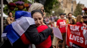 Rachel Amaru, an organizer for Run for Their Lives in Boulder, embraces Rachel Cohen, who was at the June 1 attack, on June 8, 2025, in Boulder, Colorado. 