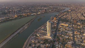 Aerial photo of the U.S. Embassy in Baghdad along with the surrounding areas and the Tigris River, in Baghdad, Iraq, on June 12, 2025, following the U.S. government's announcement of the evacuation of civilian staff from the embassy, adding particular relevance and significance to this material at this sensitive time when tensions with Iran rise. 