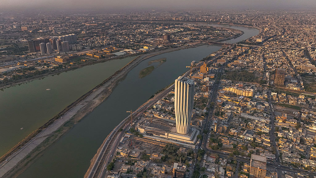 Aerial photo of the U.S. Embassy in Baghdad along with the surrounding areas and the Tigris River, in Baghdad, Iraq, on June 12, 2025, following the U.S. government's announcement of the evacuation of civilian staff from the embassy, adding particular relevance and significance to this material at this sensitive time when tensions with Iran rise. 