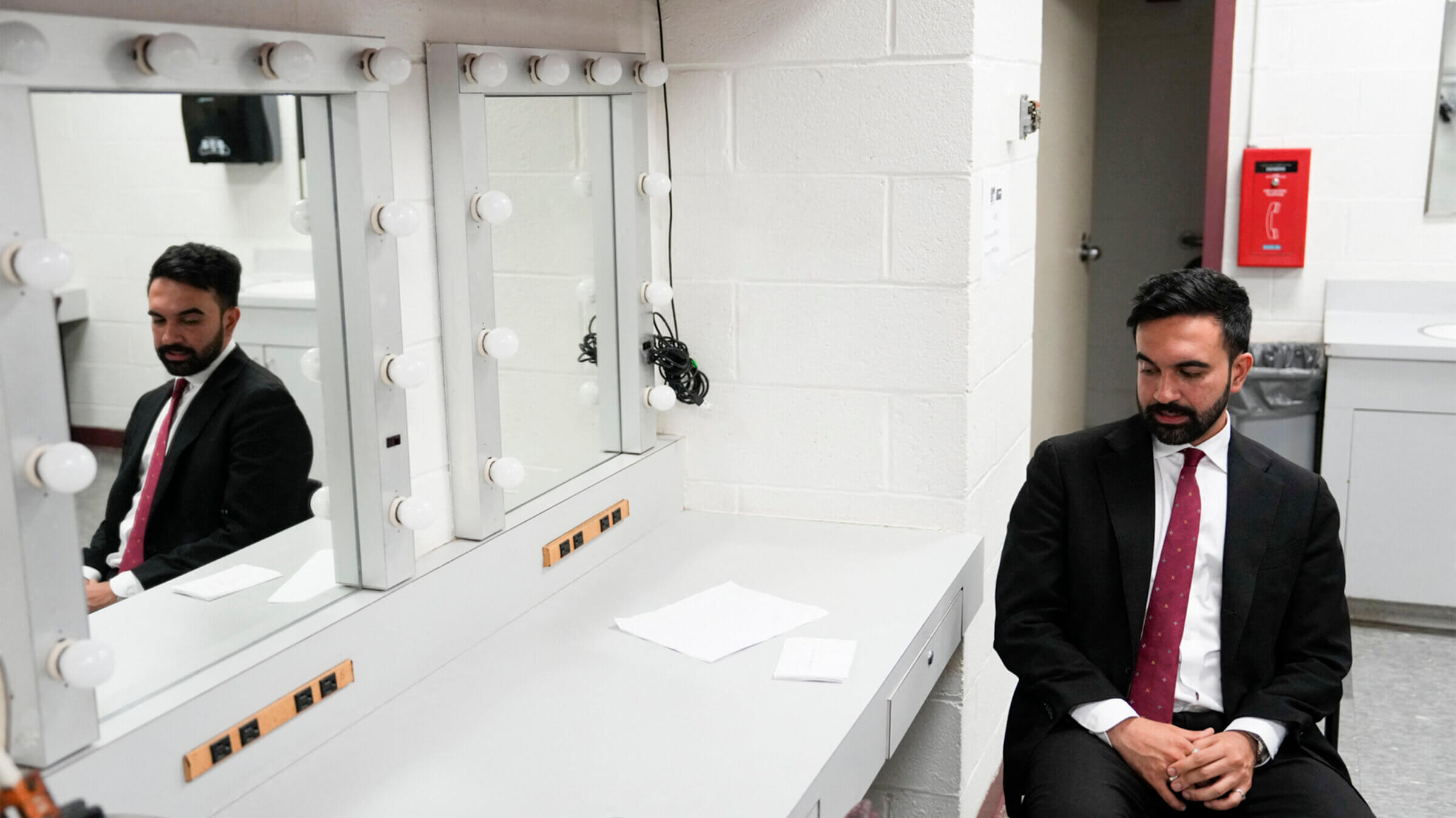 Assemblyman Zohran Mamdani prepares before the New York City Democratic Mayoral Primary Debate in June.