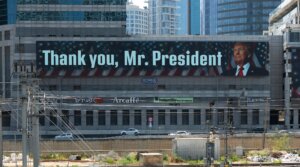 A digital billboard in Tel Aviv thanks U.S. President Donald Trump for his administration’s strikes on Iranian nuclear sites, June 22, 2025.