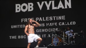 Bob Vylan performing on the West Holts stage during the Glastonbury Festival at Worthy Farm in Somerset, England, June 28, 2025.
