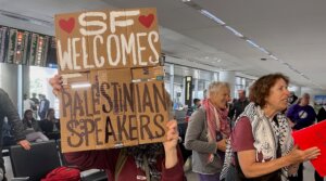 Dozens of protesters arrive at San Francisco International Airports after border officials deny entry to two Palestinian activists who arrived with valid visas for a speaking tour. (Courtesy of Chase Carter/Center for Jewish Nonviolence)