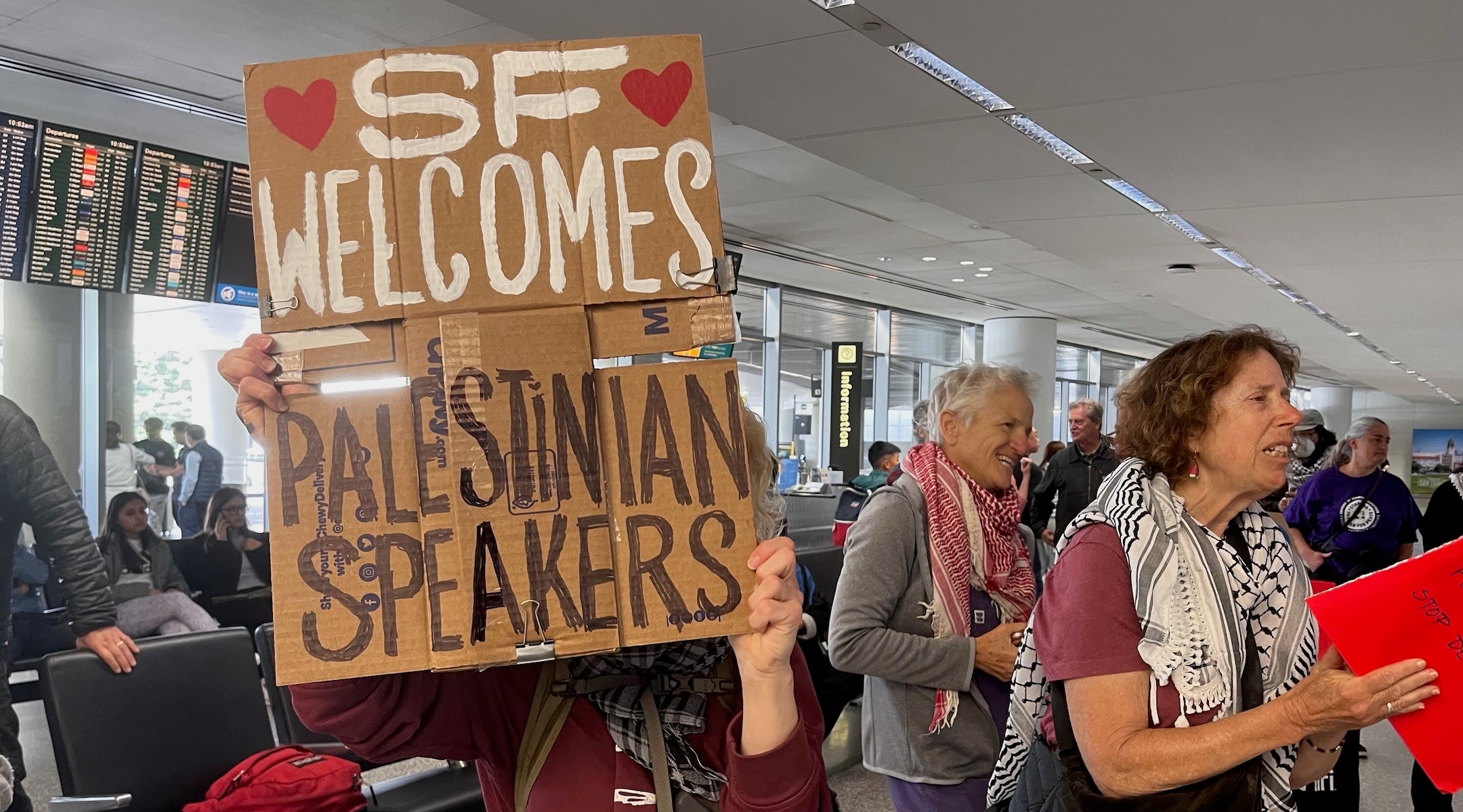 Dozens of protesters arrive at San Francisco International Airports after border officials deny entry to two Palestinian activists who arrived with valid visas for a speaking tour. (Courtesy of Chase Carter/Center for Jewish Nonviolence)