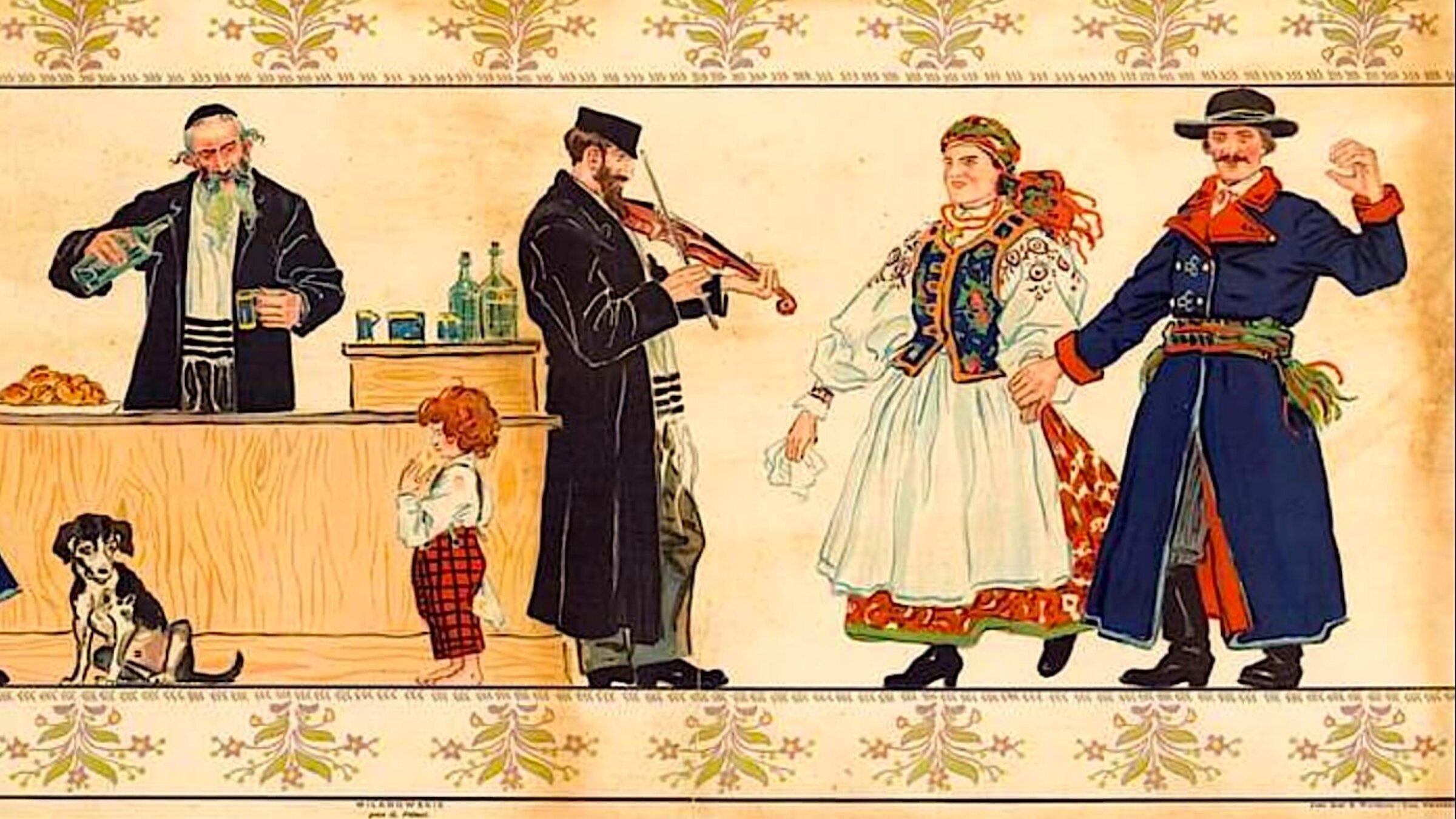פּויערים אין ווילאַנאָוו, וואַרשע פֿאַרברענגען אין אַ ייִדישער קרעטשמע — מאָלערײַ פֿון גוסטאַוו פּילאַטי, פֿאַר 1931