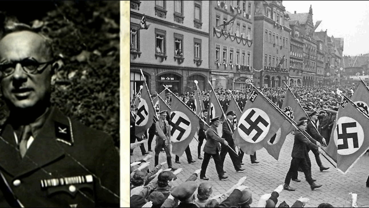 Left: Max Brose in Nazi uniform (YouTube). Right: Nazi march, Coburg, 1933 (Coburg City Archives). 