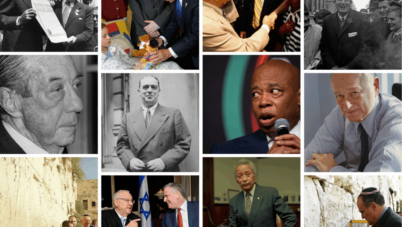 Top row, left to right: Vincent Impellitteri, Michael Bloomberg, Abe Beame, John Lindsay;

Middle row: Robert Wagner Jr., William O'Dwyer, Eric Adams, Ed Koch;

Bottom Row: Ed Koch, Bill  DeBlasio, David Dinkins, Rudy Giuliani 