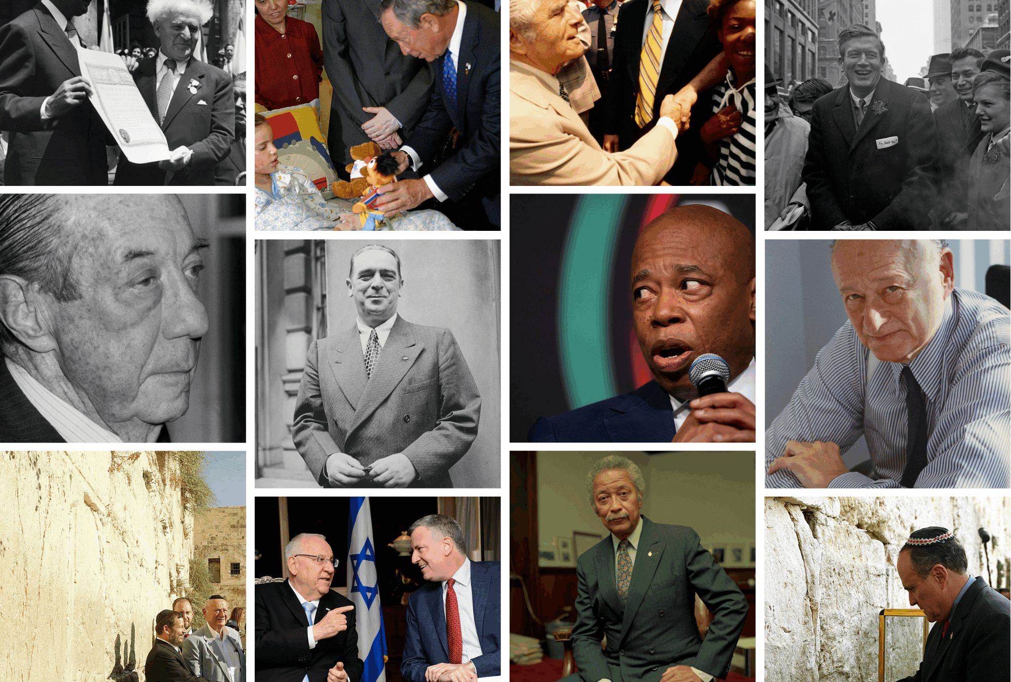 Top row, left to right: Vincent Impellitteri, Michael Bloomberg, Abe Beame, John Lindsay;
Middle row: Robert Wagner Jr., William O'Dwyer, Eric Adams, Ed Koch;
Bottom Row: Ed Koch, Bill DeBlasio, David Dinkins, Rudy Giuliani