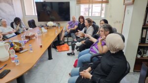 Tali Gillan meets with municipal workers in Tamra following a deadly missile strike there. (Courtesy Gillan)