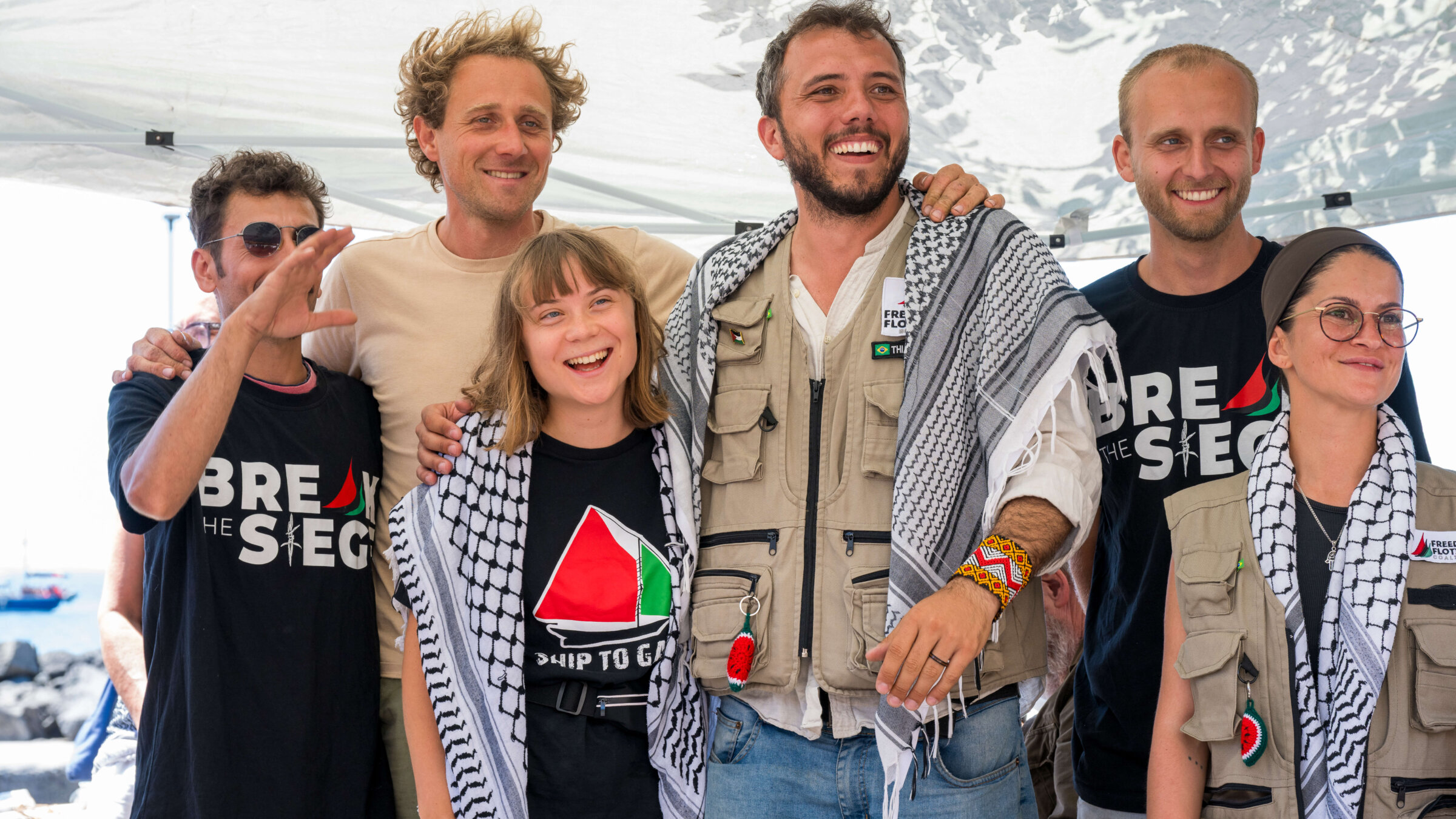 Greta Thunberg with part of the crew of the ship <i>Madleen</i>, shortly before departure for Gaza on June 1 in Catania, Italy.