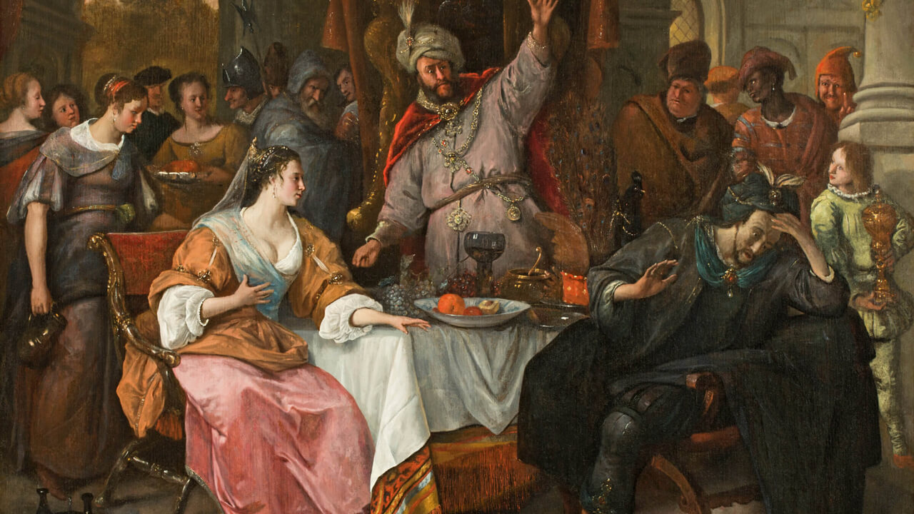 דאָס בילד „דער כּעס פֿון אַחשורוש“, געמאָלט פֿון יאַן סטין (1679-1626)