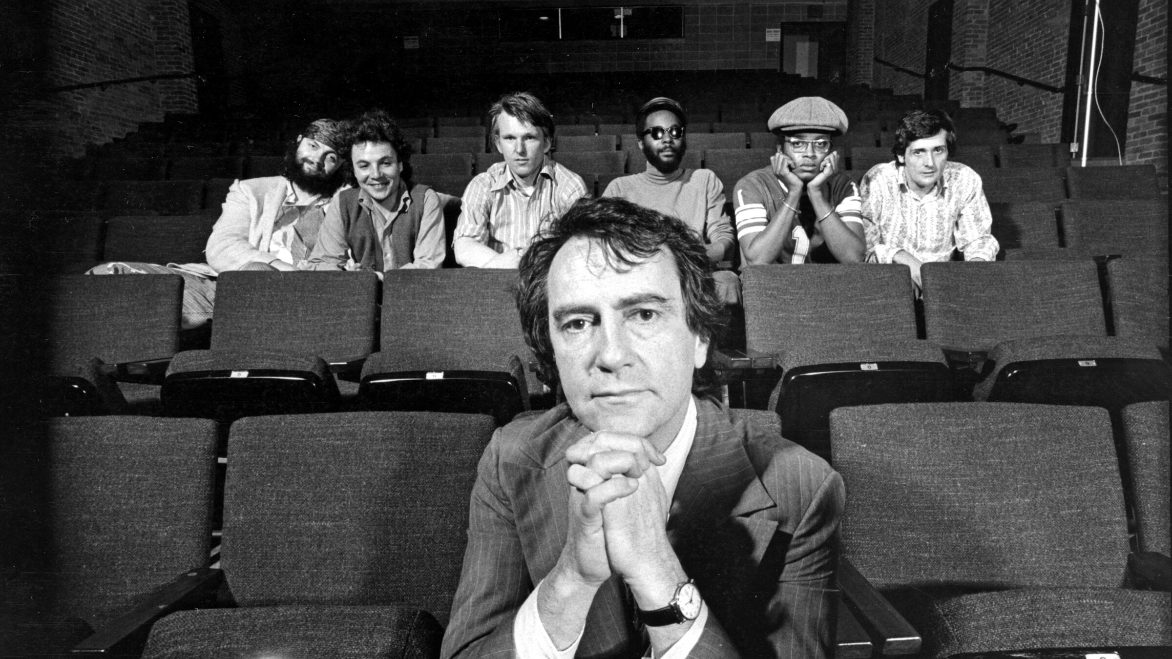 Joseph Papp with playwrights Jason Miller, David Rabe, John Ford Noonan, Ilunga Adell, Cyamo and Murray Mednick, 1972.