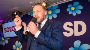 Mattias Karlsson speaks to members and supporters of the far-right Sweden Democrats at the party election center on September 9, 2018 in Stockholm, Sweden.