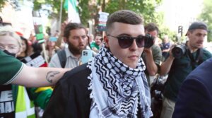 Liam Óg Ó hAnnaidh, who performs under the name Mo Chara of the Irish group Kneecap, is seen departing Westminster Magistrates’ Court in London, England, on June 18, 2025. 