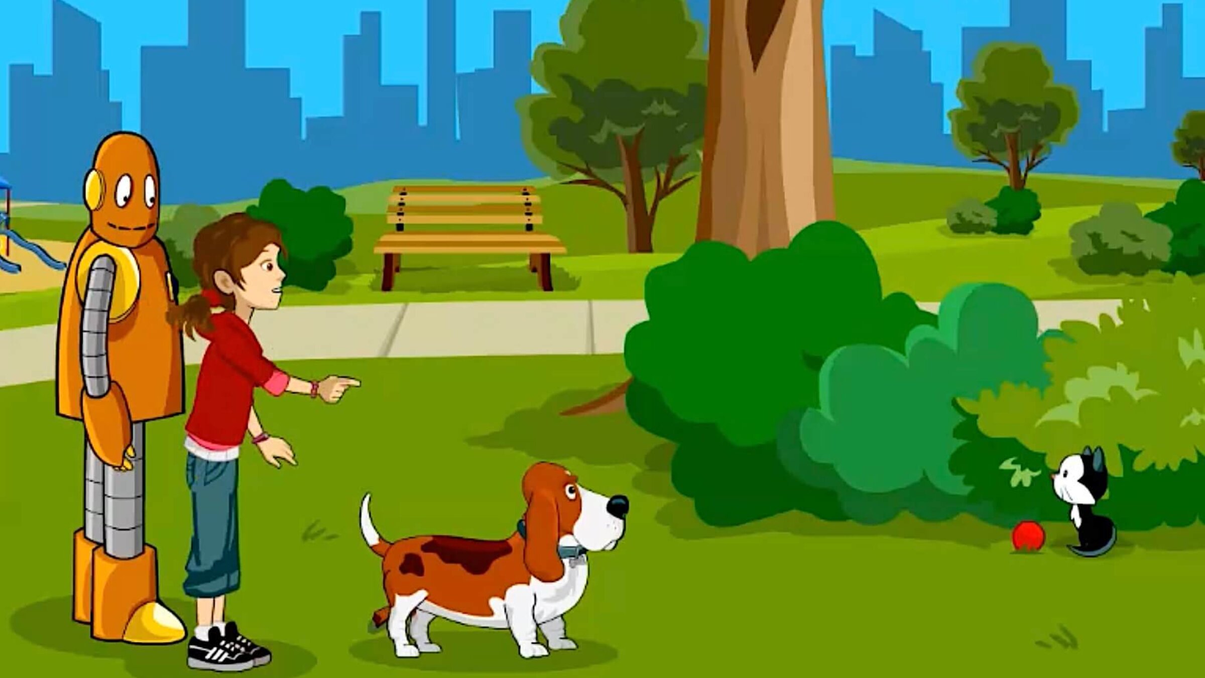 In one episode of YiddishPOP, Nomi tries teaching Mobi's dog some tricks