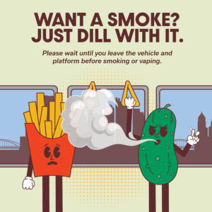 A brazen pickle puffs on a cigarette, to the horror of a nearby french fry.