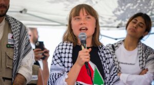 Greta Thunberg speaking at the press conference. Thunberg is part of the crew of the ship Madleen, headed to Gaza to deliver humanitarian aid on June 01, 2025 in Catania, Italy. (Fabrizio Villa/Getty Images)