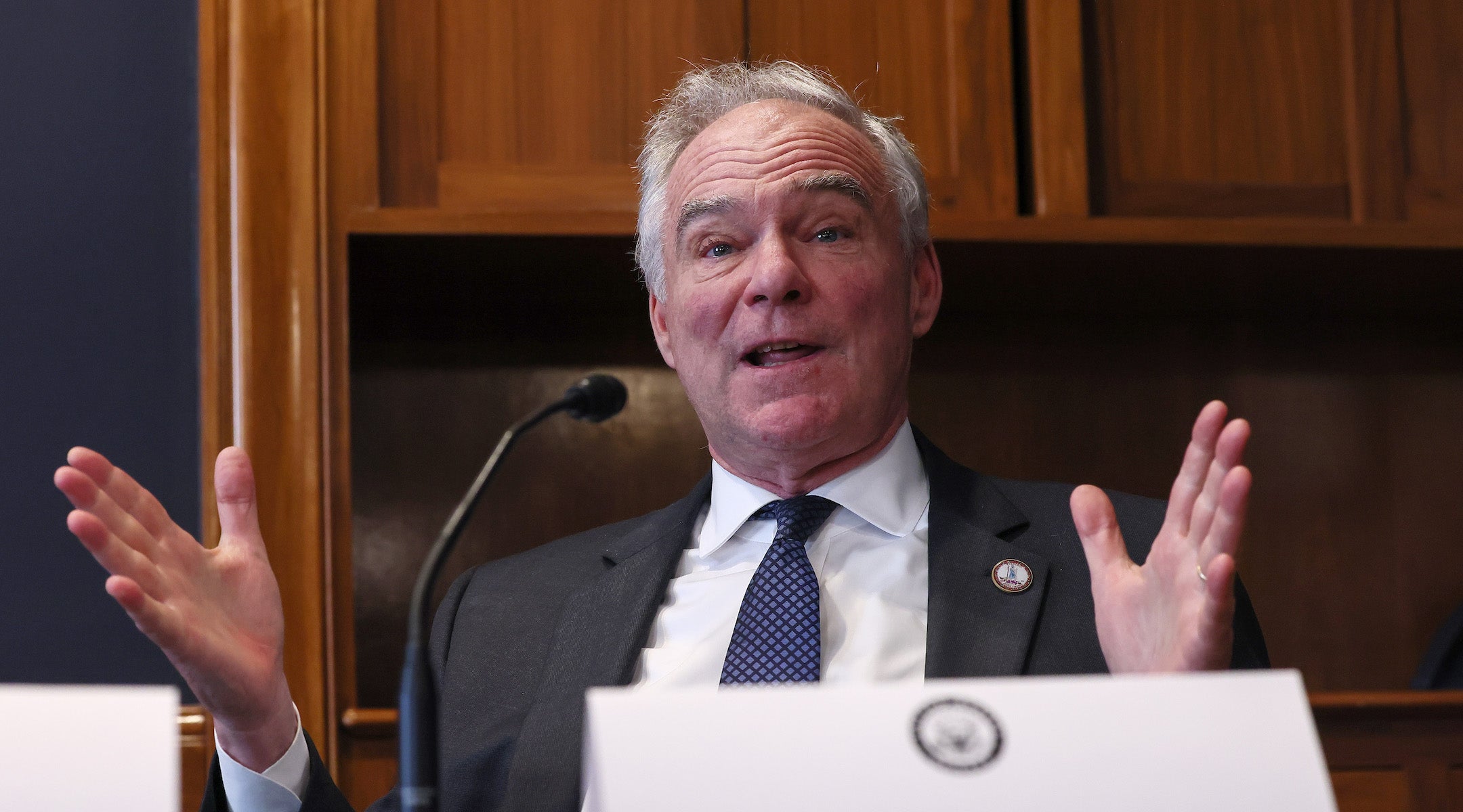 Sen. Tim Kaine, a Virginia Democrat, on May 14, 2025 in Washington, DC. (Jemal Countess/Getty Images for Student Borrower Protection Center)