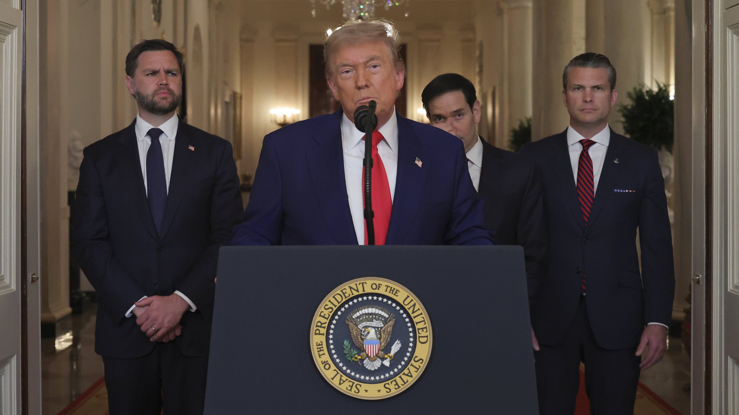 President Donald Trump delivers an address to the nation on the three Iranian nuclear facilities struck by the U.S. military, accompanied by Vice President JD Vance, Secretary of State Marco Rubio and Defense Secretary Pete Hegseth from the White House on June 21.