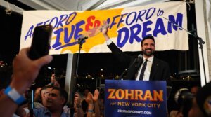 New York mayoral candidate Zohran Mamdani greets supporters during an election night gathering on June 24 in the Long Island City neighborhood of Queens in New York City. (Michael M. Santiago/Getty Images)