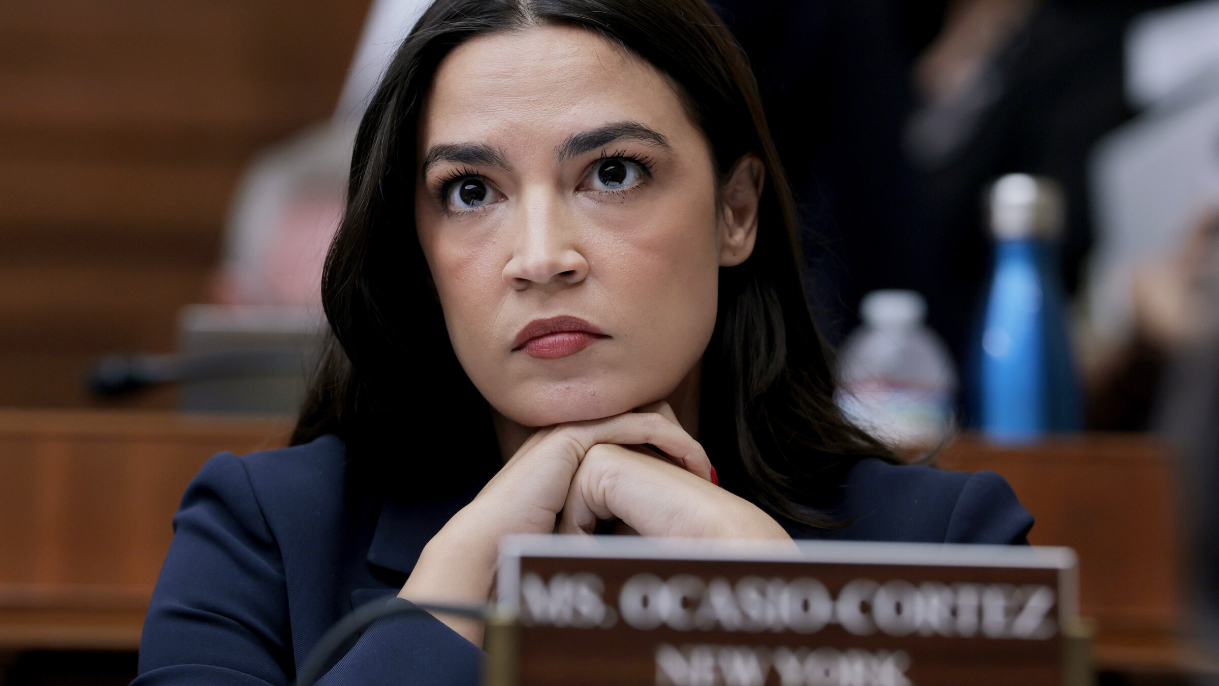 Rep. Alexandria Ocasio-Cortez (D-N.Y.) listens during a markup meeting with the House Committee on Energy and Commerce on Capitol Hill, May 13.