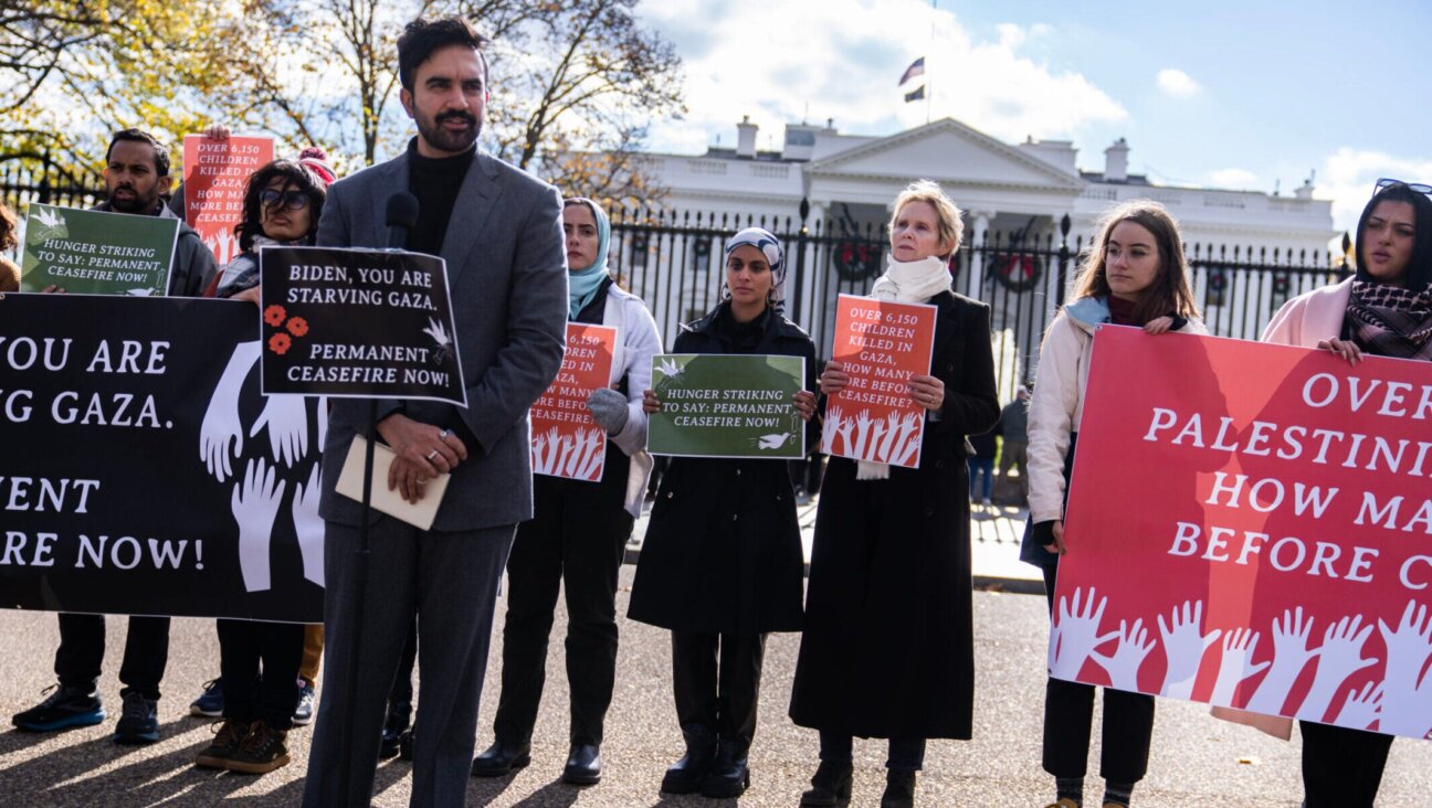 Actor and activist Cynthia Nixon, third from right, listens to New York State Rep. Zohran Mamdani (D), speak during a news conference outside the White House to announce a hunger strike to demand that President Joe Biden “call for a permanent ceasefire and no military aid to Israel,” on Nov. 27, 2023. (Tom Williams/CQ-Roll Call, Inc via Getty Images)