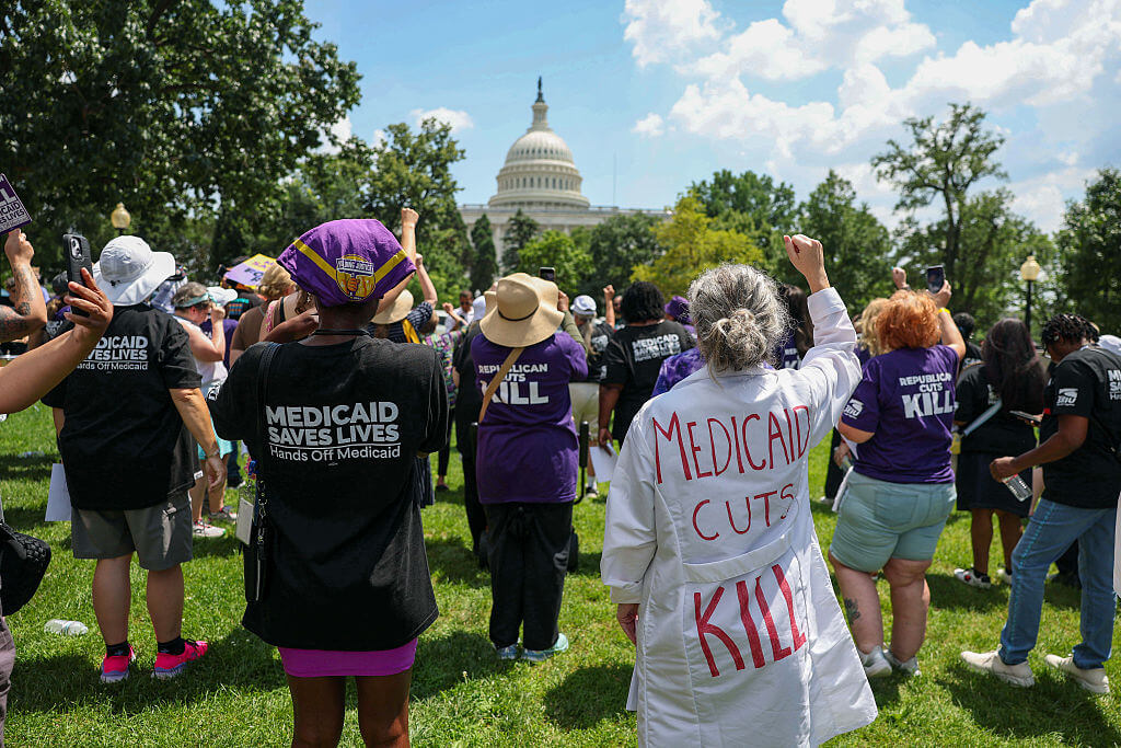 Care workers gather outside the Capitol in June 2025 to protest Medicaid cuts.