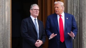 President Donald Trump and Britain’s Prime Minister Keir Starmer pose at Trump MacLeod House & Lodge Trump in Scotland, on July 28, 2025.